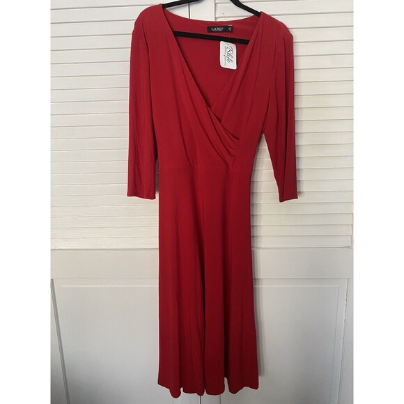 Ralph Lauren Womens Dress 16 Red NWOT V Neck Belt Formal Quiet Lux Wedding Guest - Picture 1 of 6